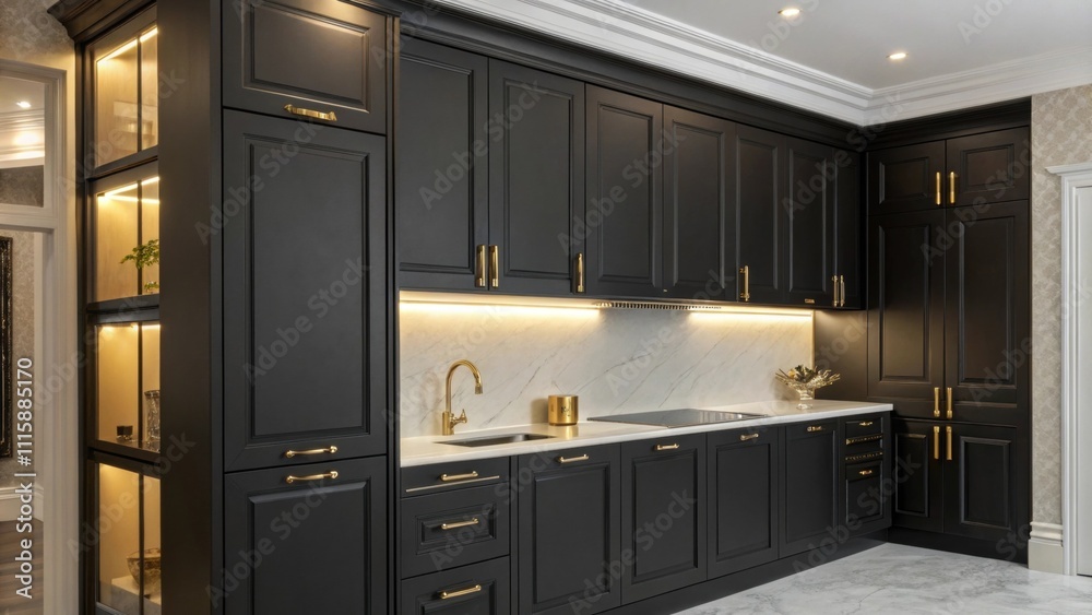 Poster a corner with chic black cabinetry and partially mounted goldtoned lighting underneath adding a touc
