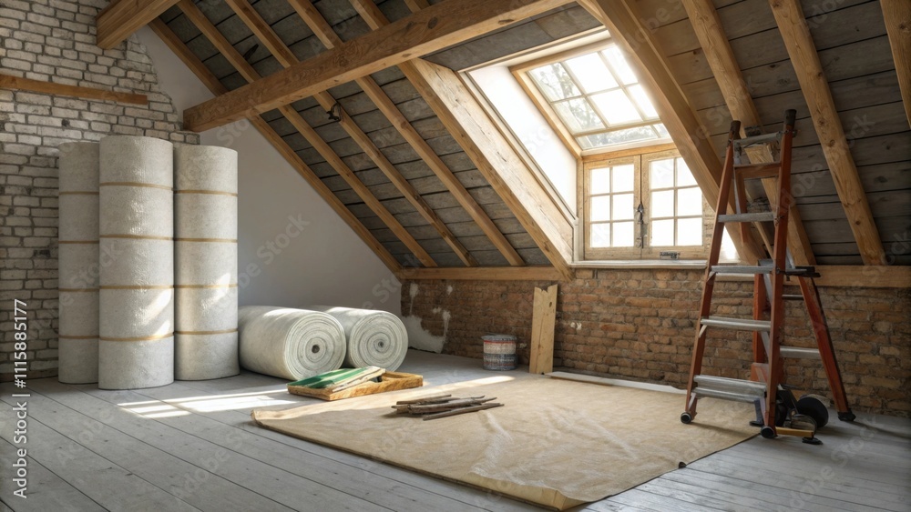Poster a corner workspace in an attic where rolls of insulation are stacked beside a wall framed with woode