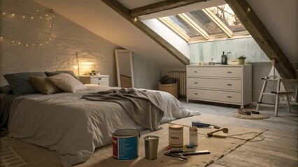 Obraz premium A cozy bedroom with a skylight shining down partially obscured by sy plastic sheeting revealing tools and renovation materials tered about.