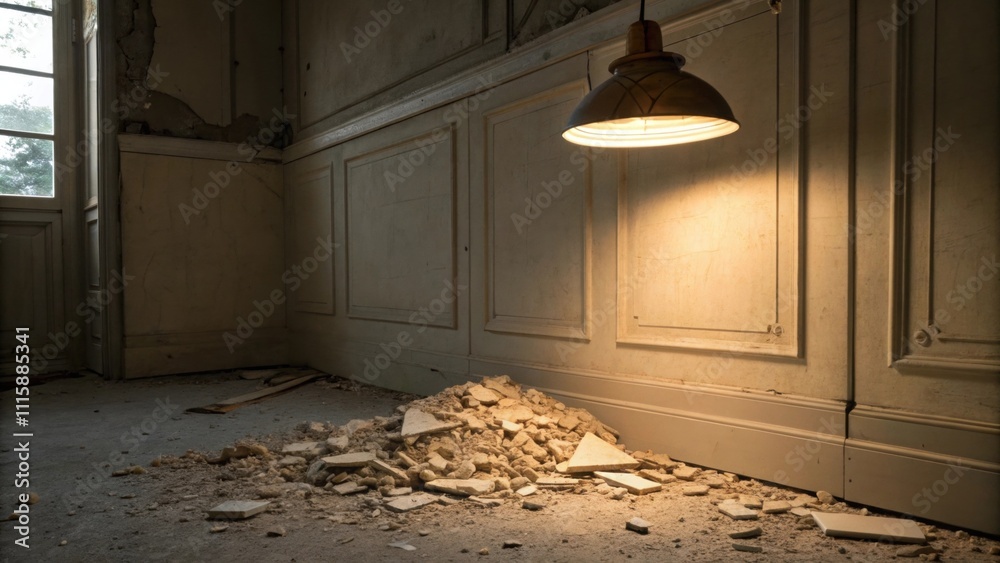 Poster A corner of a dimly lit room filled with a heap of broken plaster contrasting with the soft glow of a hanging light overhead.