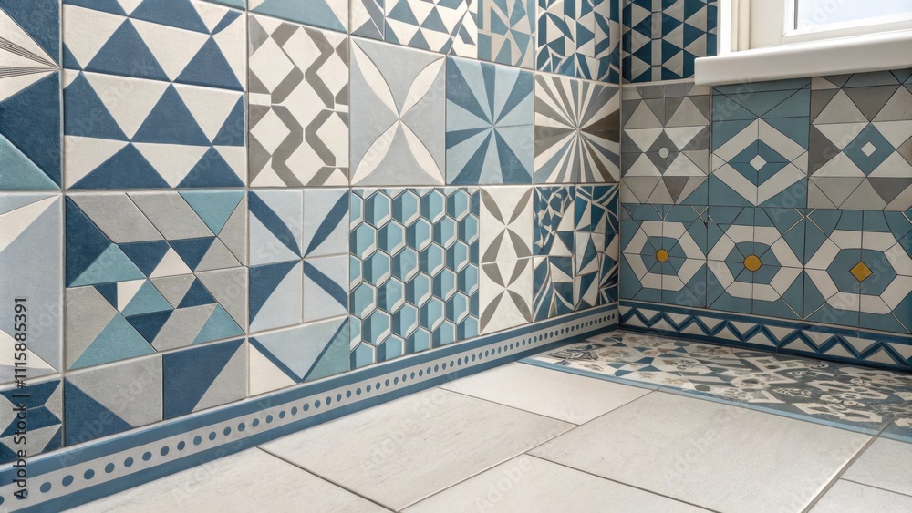 Poster A corner filled with geometricpatterned tiles the unique shapes and clean lines creating a visually striking focal point.