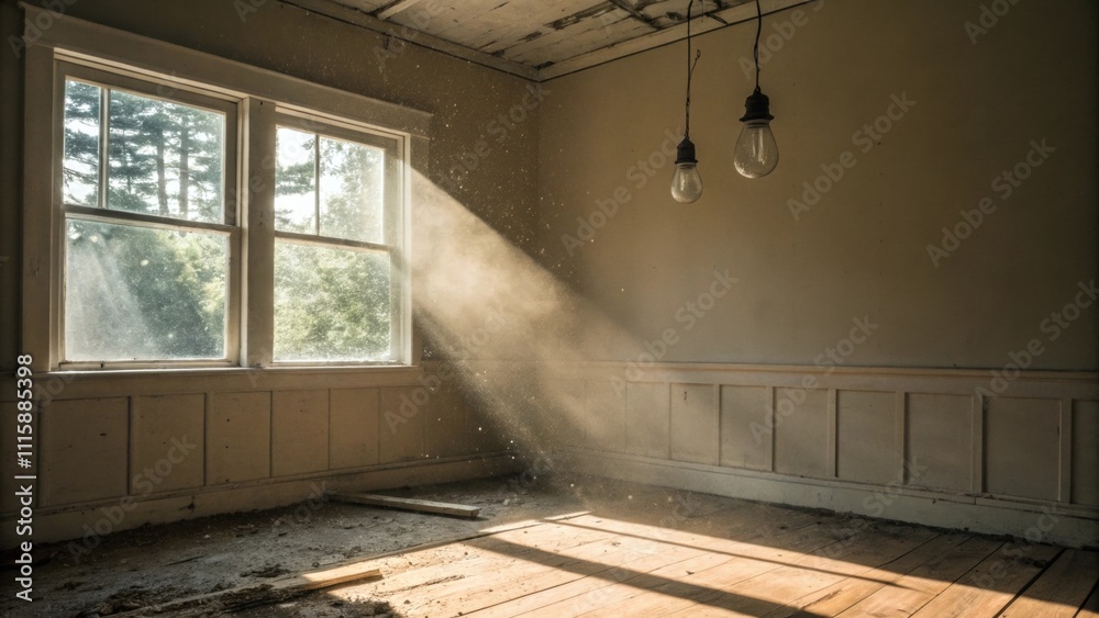 Poster A corner nook filled with dust motes floating in the sunlight featuring a single empty light socket hanging from the ceiling and an unfinished floor in need of attention.
