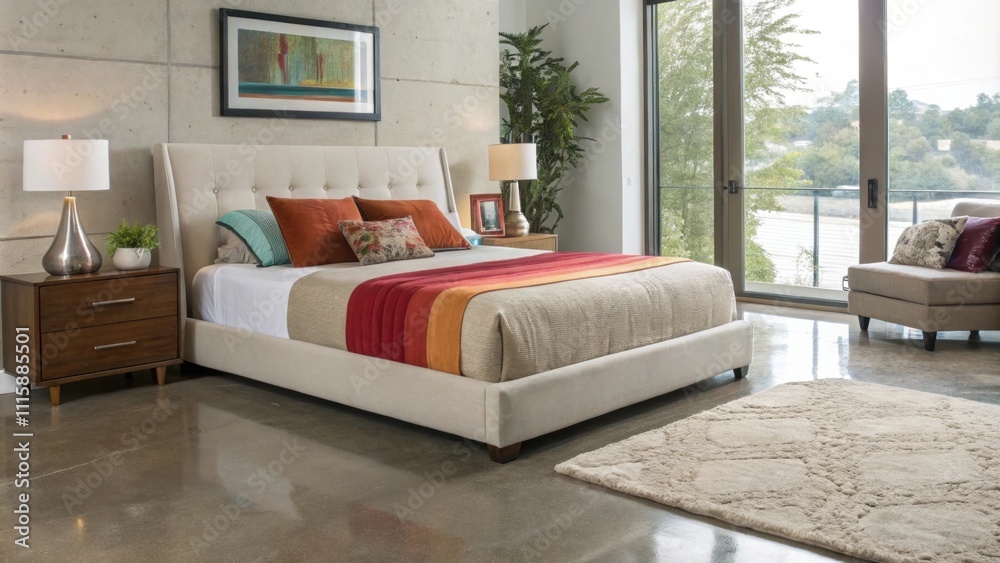 Poster A contemporary bedroom with a plush bed and simple decor where the polished concrete floor serves as a neutral canvas for vibrant accent pillows and throws.
