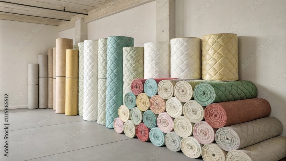 Poster A corner displaying neatly organized insulation rolls in various sizes creating a visually appealing pattern against the simplicity of the room.