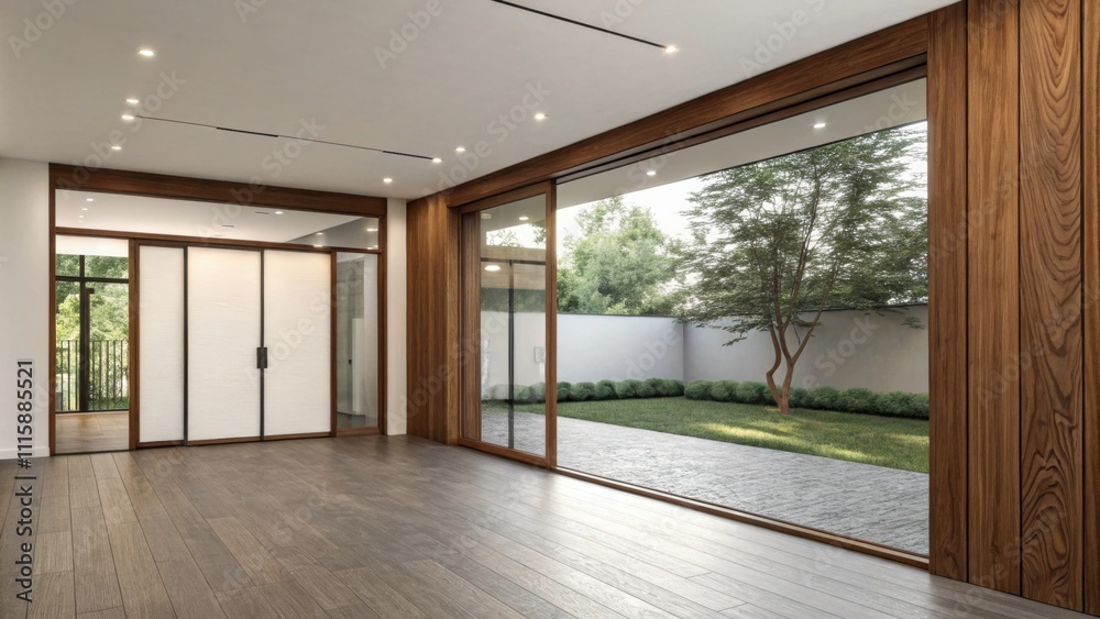 Poster A contemporary open space defined by a plain wall framed in polished wood projecting a sense of elegance while waiting for the installation of sliding doors to invite freedom and