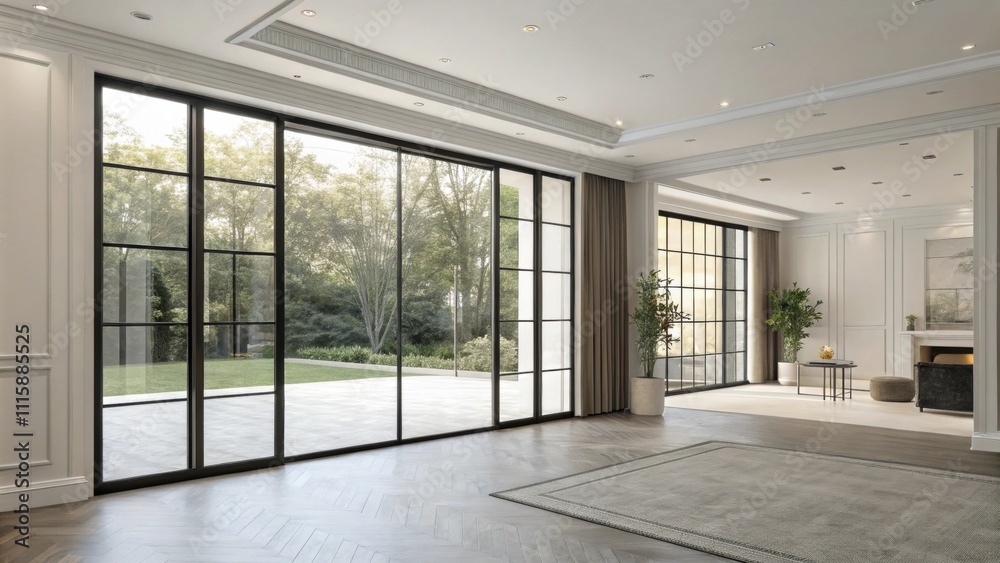 Poster a contemporary room showcasing a wide wall adorned with a sleek symmetrical frame waiting for sleek 
