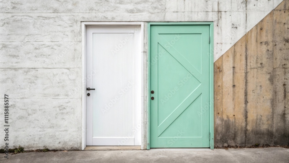 Poster a contemporary door with a crisp line dividing it into two colors one side painted a clean white and
