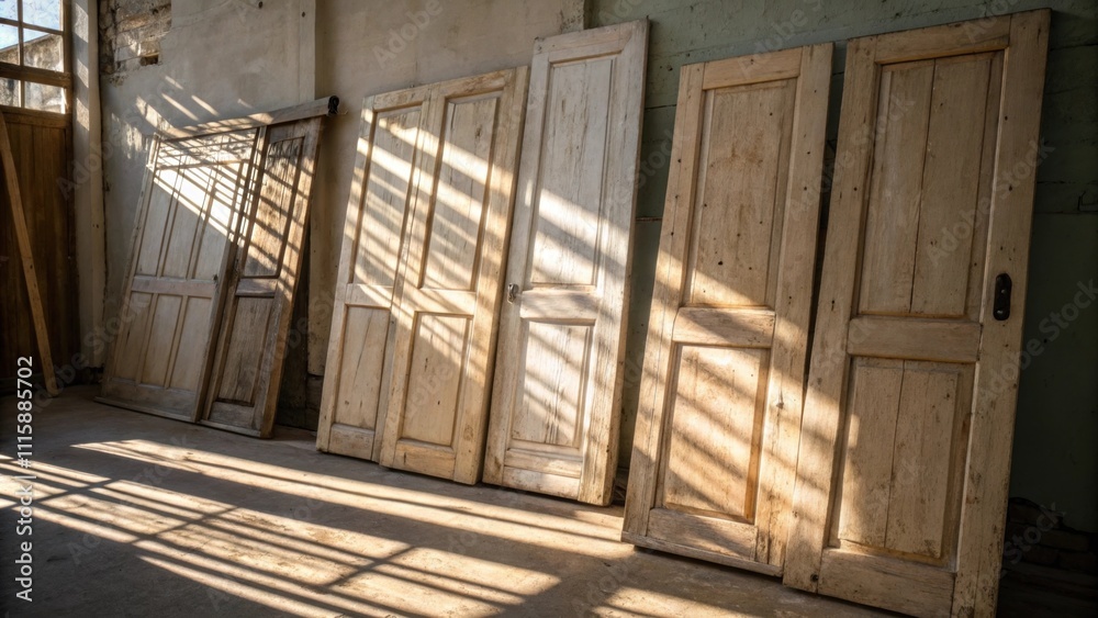 Poster a collection of unpainted doors resting against each other with sunlight casting interesting shadows