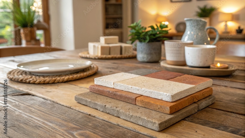 Poster a collection of handmade rustic tiles made of natural clay layered with earthy tones awaiting placem