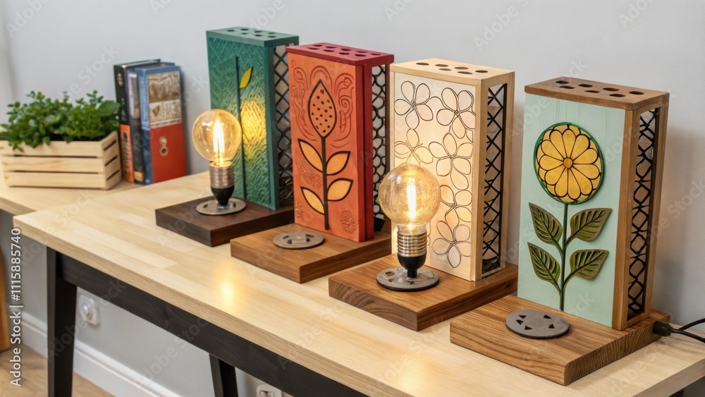 Poster A collection of innovative wall sconces with unique decorative elements and vibrant colors spread across a lightstained wooden table.