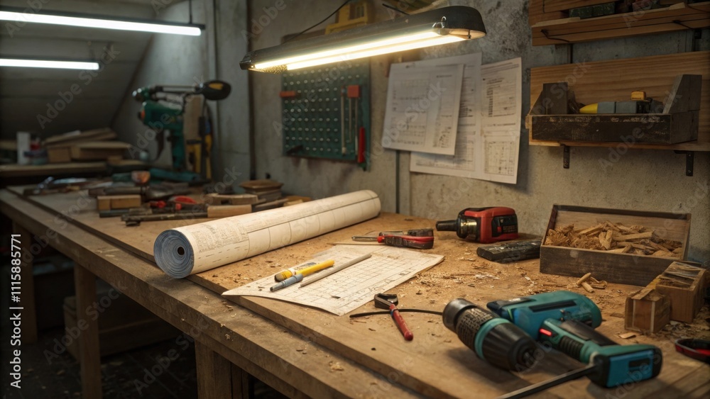 Poster A cluttered workbench filled with a mix of power tools and wood scraps illuminated by a hanging fluorescent light with a roll of blueprints partially unrolled beside it.