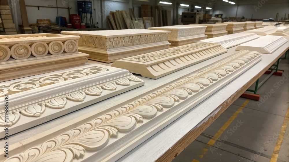 Leinwandbilder A collection of classic cornice moldings displayed on a large table with soft shadows playing across the surface creating a dynamic interplay of light and form.