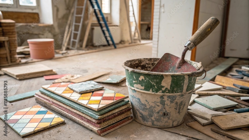 Poster A cluttered renovation space capturing a chaotic stack of multicolored ceramic tiles with a rusty trowel plunged into a bucket of readytouse grout.