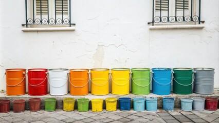 Fototapeta premium A collection of empty and cled paint cans forms a colorful backdrop to a white wall inviting thoughts of fresh designs and artistry.