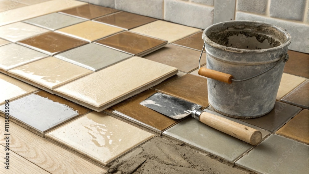 Poster a closeup view of a stacked collection of glossy ceramic tiles in earthy tones next to a slightly st