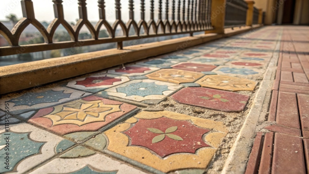 Poster A closeup view of a balcony floor showcasing an intricate design of tiles in various colors with several gaps filled with dust and unfinished work.