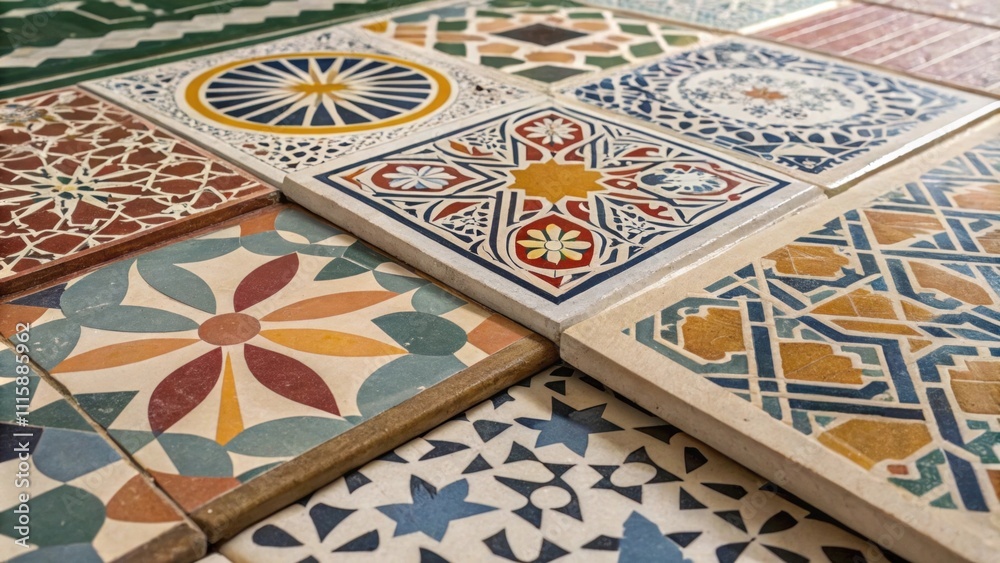 Aufkleber A closeup view of a mixed collection of tiles featuring intricate geometric patterns some with bold colors and others in subtle earthy tones creating a visual feast.