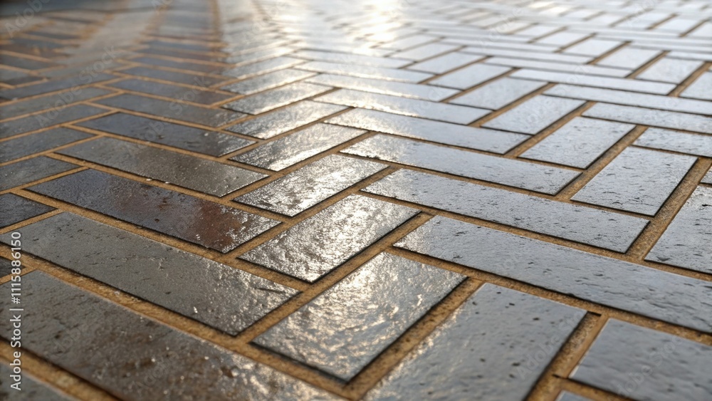 Aufkleber A closeup of intricate grout lines between the herringbone tiles highlighting the sheen of the wet grout in the unfinished pattern.