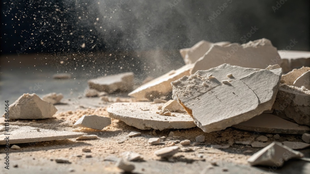 Poster A closeup of broken plaster fragments showing rough edges and varying sizes with dust motes dancing in the light.