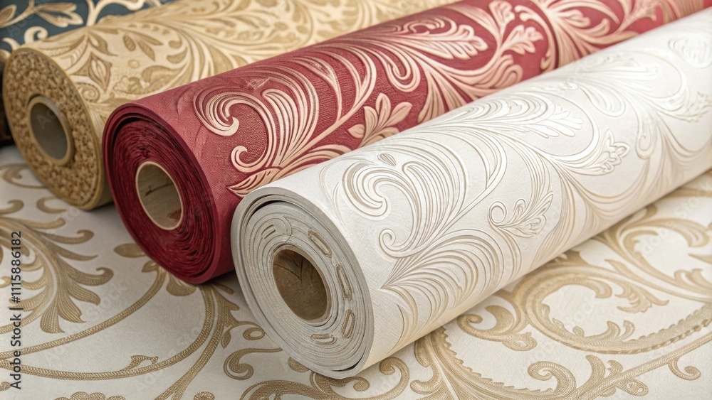 Poster A closeup of intricate patterns on the surface of several wallpaper rolls showcasing their rich colors and textures against a pale backdrop.