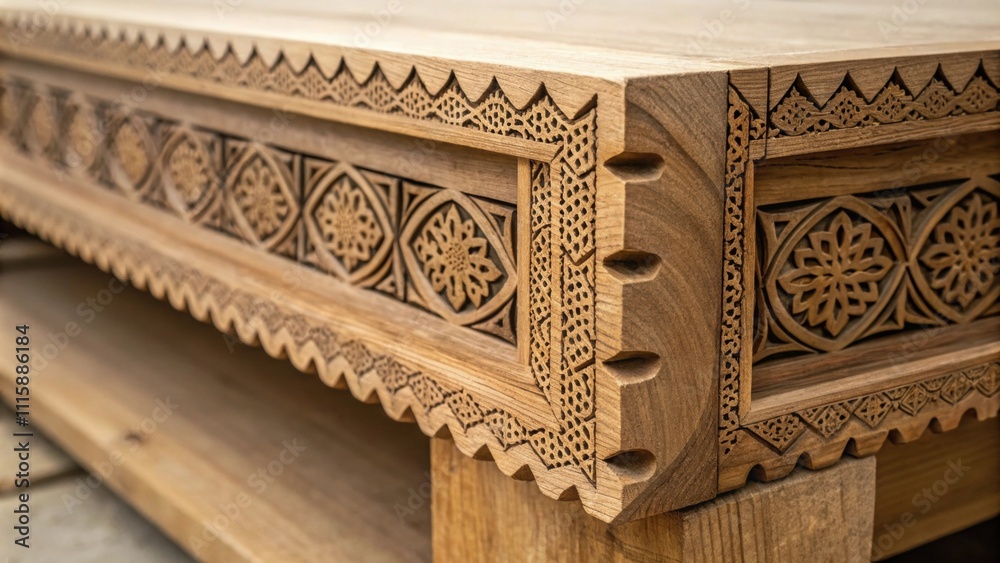 Poster A closeup of intricately patterned wooden edges and ends peeking out from under a larger piece showcasing the beauty of craftsmanship.