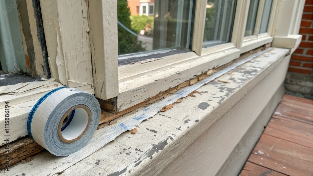 Leinwandbilder a closeup of a window ledge adorned with protective tape revealing the rich texture of weathered pai
