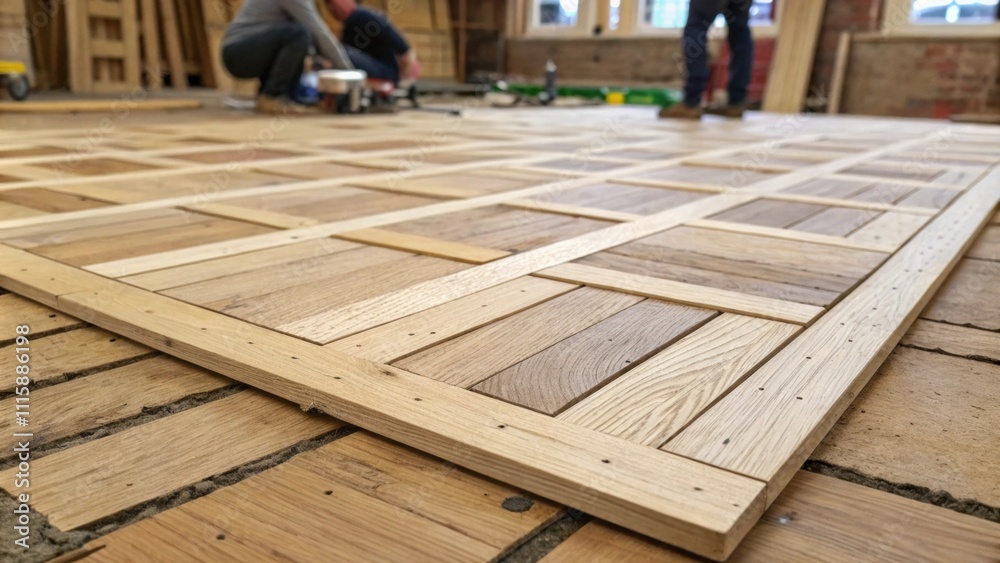 Poster a closeup of a wooden subfloor carefully laid out in a grid pattern showcasing the meticulous prepar