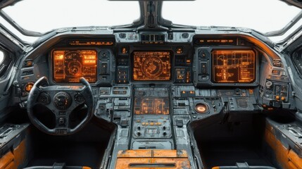 Spaceship cockpit with glowing orange screens and futuristic design, sci-fi technology, control panel, intergalactic exploration, advanced spacecraft interior, cinematic sci-fi setting