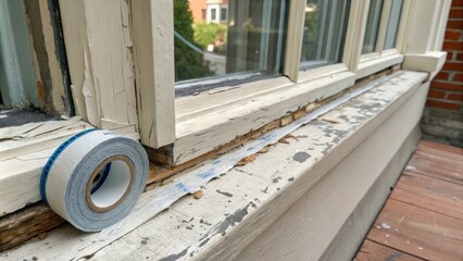 A closeup of a window ledge adorned with protective tape revealing the rich texture of weathered paint and the promise of fresh updates.