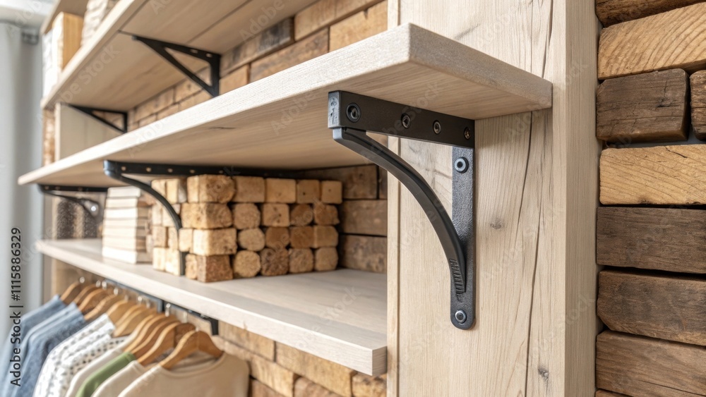 Aufkleber A closeup of a builtin closet featuring a single unpainted shelf bracket being attached with a backdrop of stacked un wooden planks.