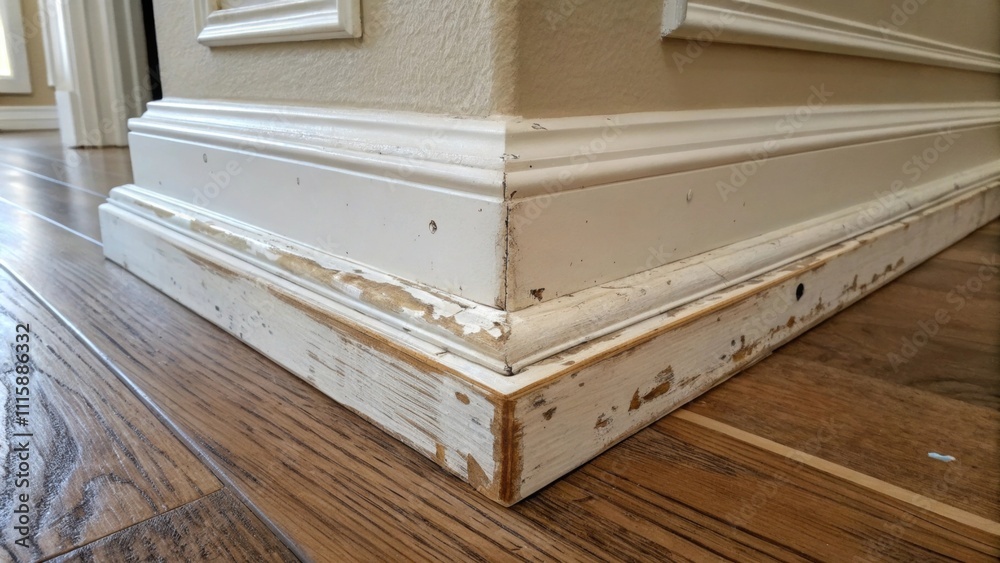 Aufkleber A closeup image capturing the intricate details of removed molding and baseboards showcasing their wear and tear in preparation for a new design.