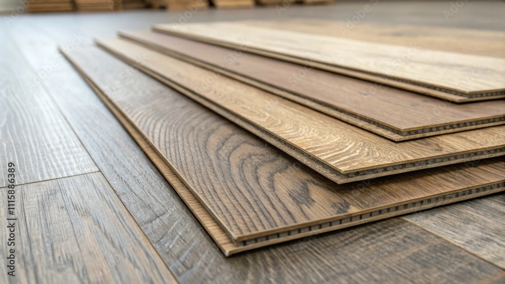 Poster A close detail shot of textured laminate flooring boards showing the interlocking grooves and edges with the background blurred to emphasize the craftsmanship.