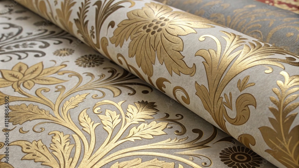 Aufkleber A close framing of wallpaper outs some intricately detailed with gold leaf accents mixed ast simpler more rustic patterns reflecting varied design eras.