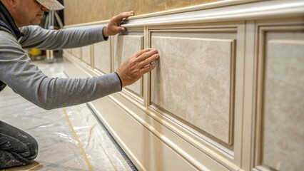A closeup detail of a hand running along the surface of one of the newly delivered wall panels showcasing its polished finish and the careful craftsmanship involved in its design.