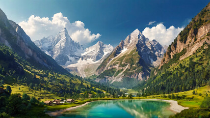 Fototapeta premium A Panoramic view of a Picturesque Mountain range landscape covered in snow during winter season.