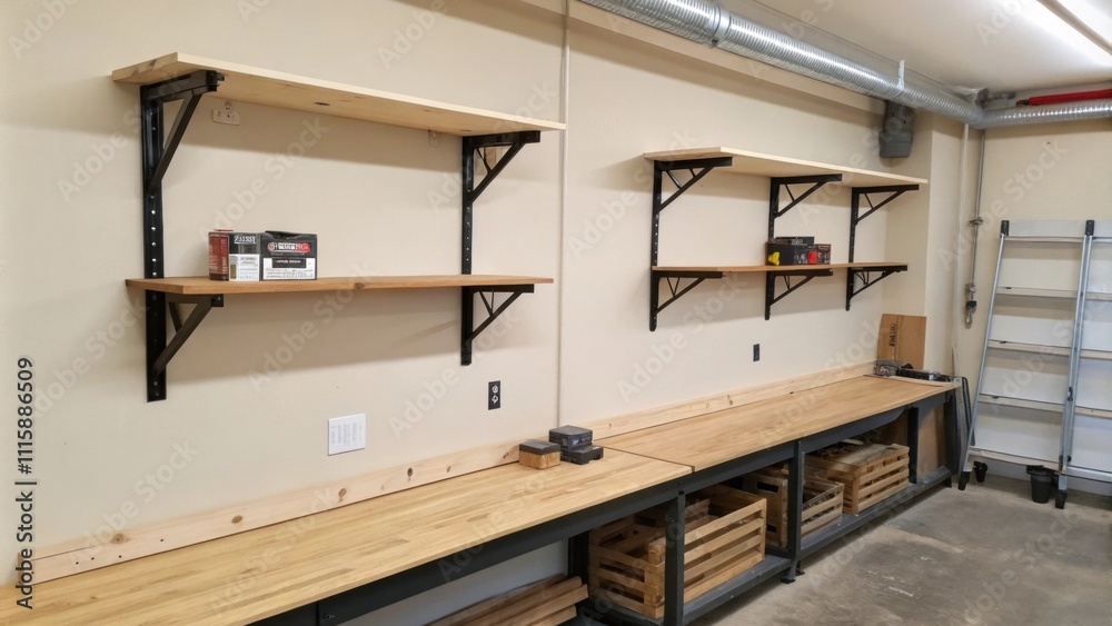 Poster a clean neutralcolored wall with two large brackets installed awaiting the flat wooden shelves that 
