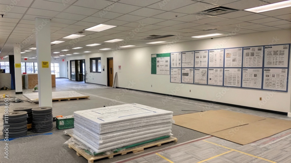 Poster a clean open floor area where ceiling tiles are neatly stacked on a protective blanket with renovati