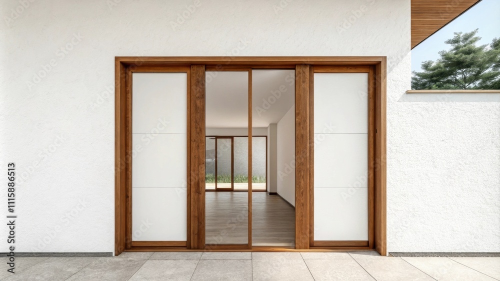 Poster A clean white wall providing a canvas for a narrow wooden frame with ample space around perfectly suited for the planned sliding doors that will enhance the passage of light.