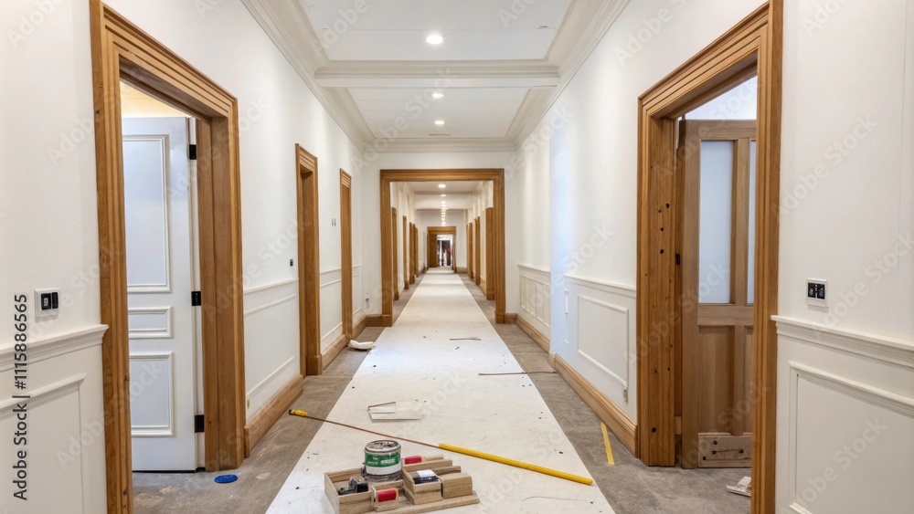 Poster a clean white hallway bordered by unfinished wooden trim with an assortment of abstract light pieces