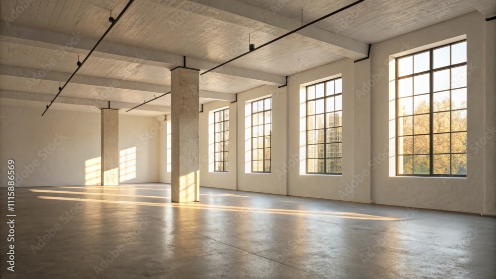 Poster a clean uncluttered lofi space characterized by its smooth exposed concrete flooring drenched in sun