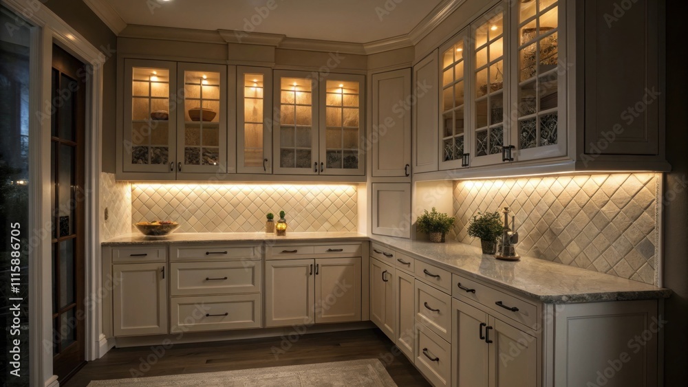 Poster a charming corner filled with classic shakerstyle cabinets featuring dimly lit undercabinet lights t