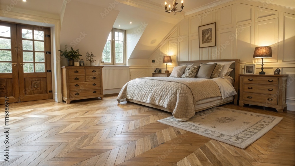 Aufkleber A charming bedroom featuring newly sanded floors showcasing delicate knots and patterns with several varnish cans arranged neatly against the wall.
