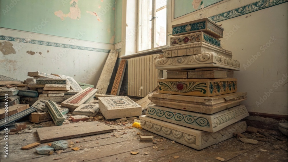 Fototapete a chaotic yet artistic scene of molding pieces stacked atop each other in a corner of a room with so