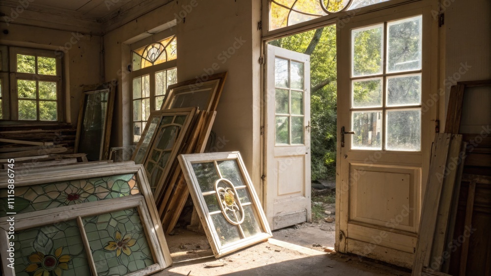 Poster A chaotic jumble of differentsized window frames some with decorative glass piled near an open doorway letting in streams of natural light.