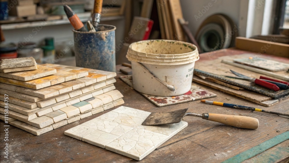 Poster A chaotic but creative work area showing a stack of tiles spilling over alongside a trowel partially covered in beige grout and an open container next to it.