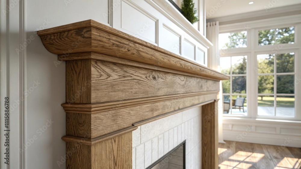 Aufkleber A captivating shot focusing on the transition between the rough wood of the mantel and the pristine wall behind it accented by natural light.