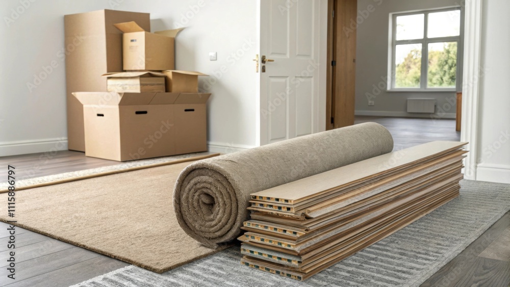 Aufkleber A casual scene featuring a stack of laminate boards in a corner of a room juxtaposed with rolledup carpet and boxes indicating a space in transition.