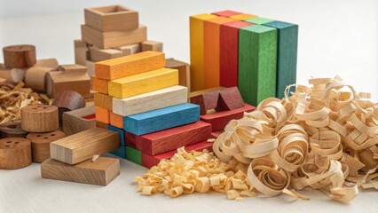 A chaotic collection of wooden blocks strips and shavings jumbled together creating a colorful tapestry of natural materials.