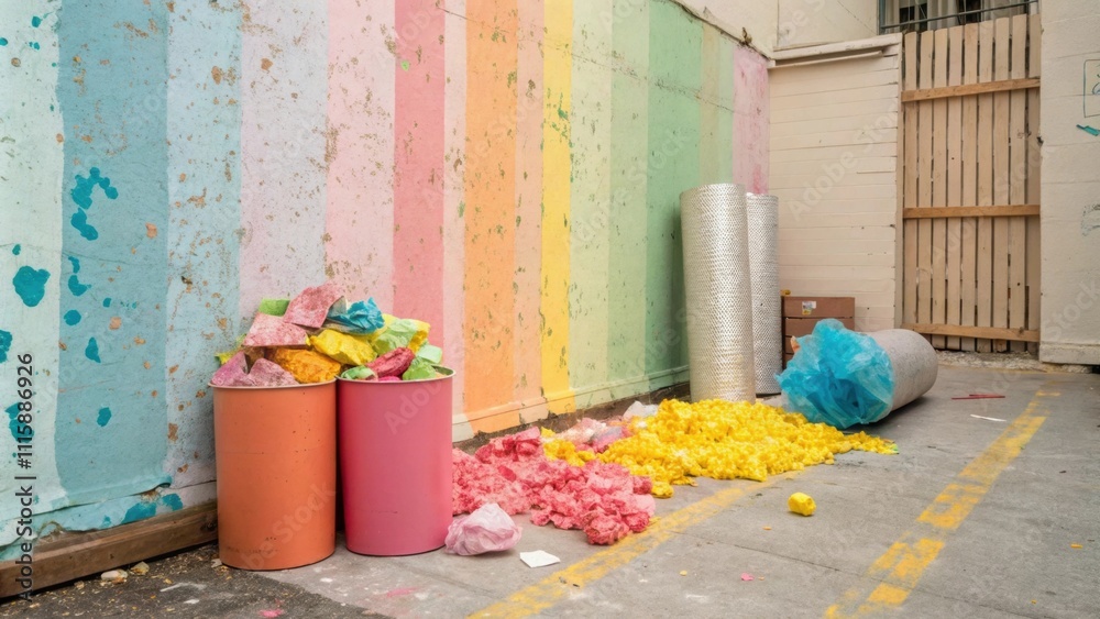Poster a brightly colored assortment of packaging materials including crushed paper and bubble wrap abandon