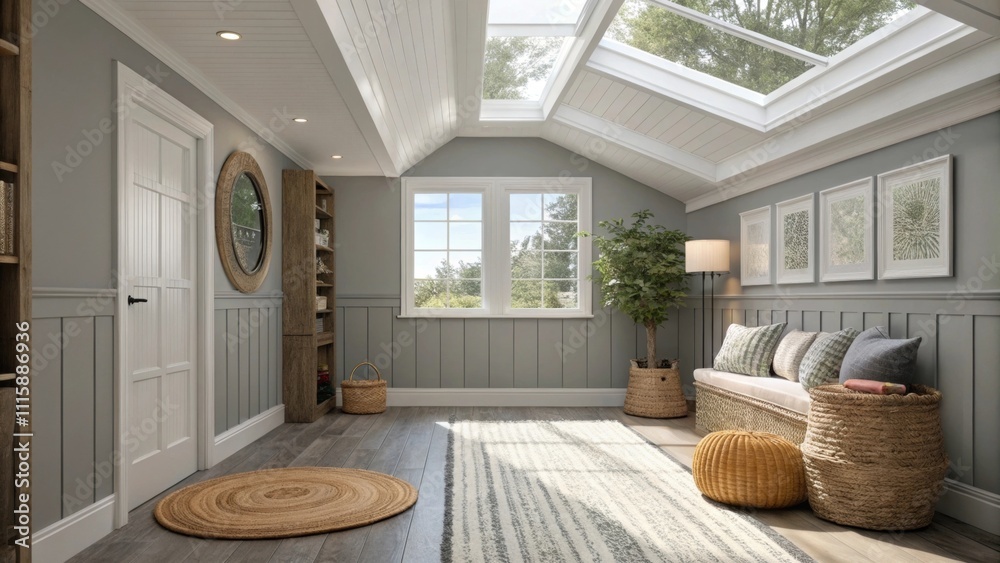 Poster A bright living area with gray walls and a skylight showcasing a few rolledup rugs suggesting an inviting atmosphere waiting for the right arrangement.